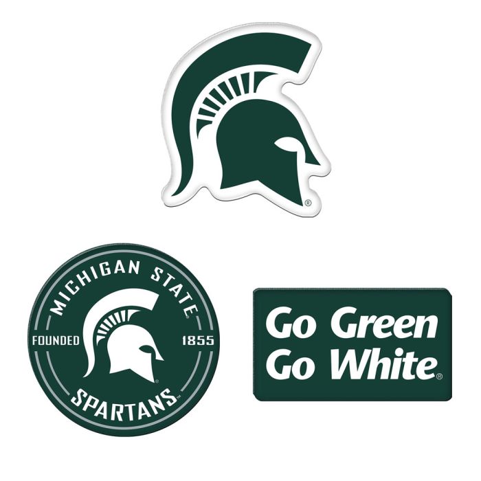 Three green and white Spartan themed magnets. One is a green Spartan helmet, one is a green block that says 'Go Green Go White" in white, the last one is a green circle with the words "Michigan State Spartans, Founded 1855" in white around a white Spartan helmet.