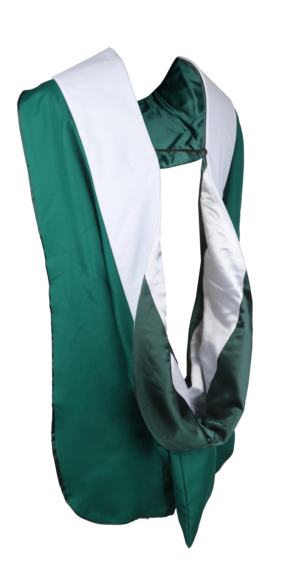 Green and white Michigan State doctoral graduation hood.