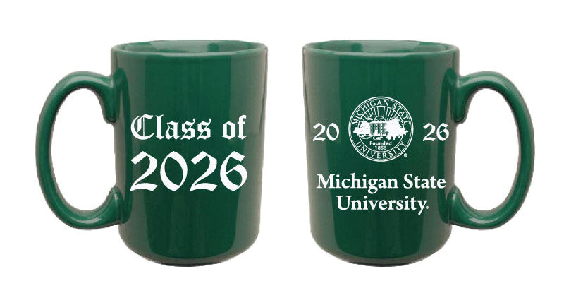Two green mugs with 'Class of 2026' and Michigan State University logo on a white background