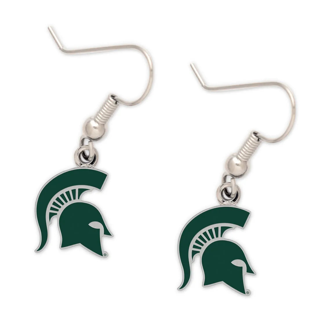 Silver dangle earrings that are shaped as a green Spartan Helmet logo.