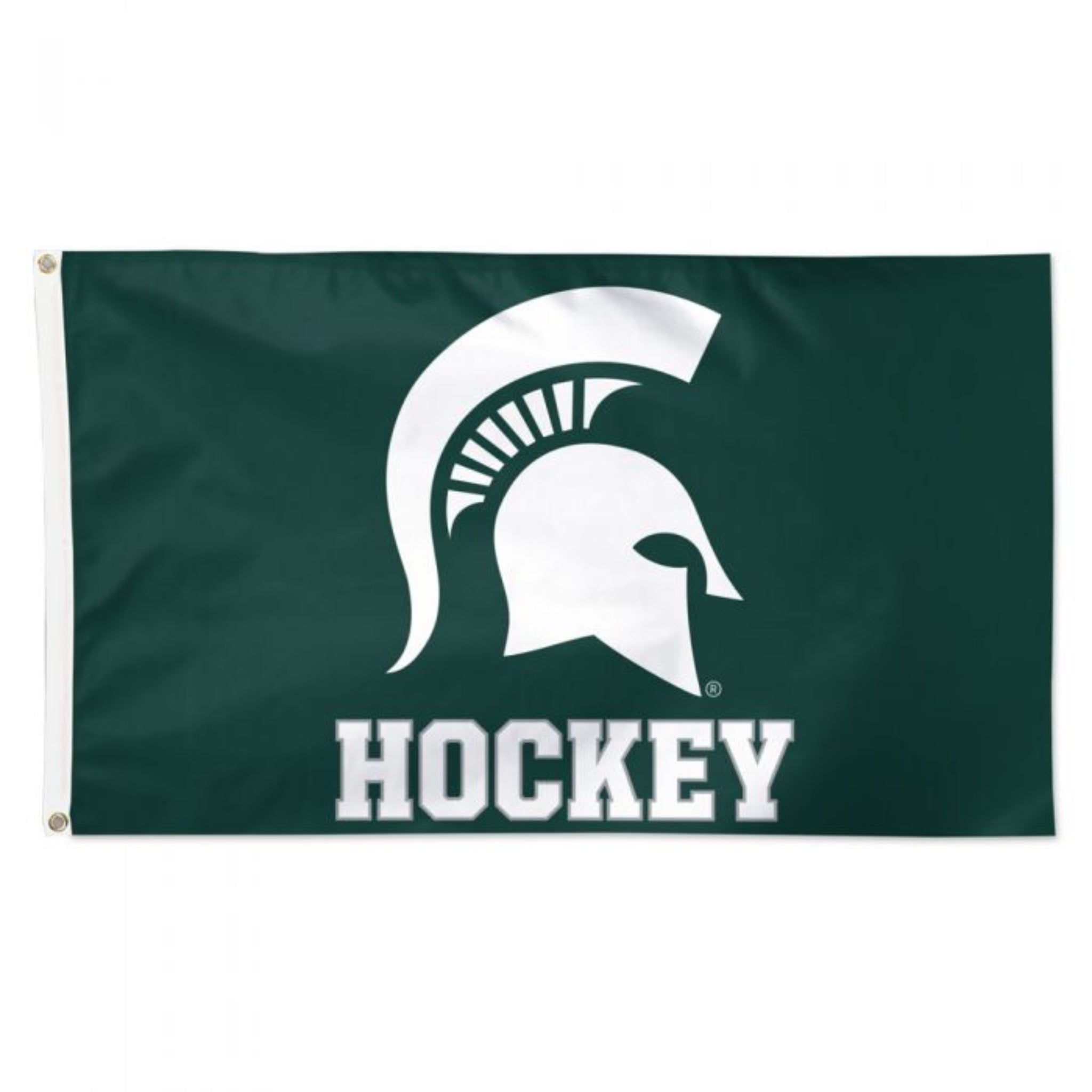 A green flag with a white Spartan helmet and the word "Hockey."