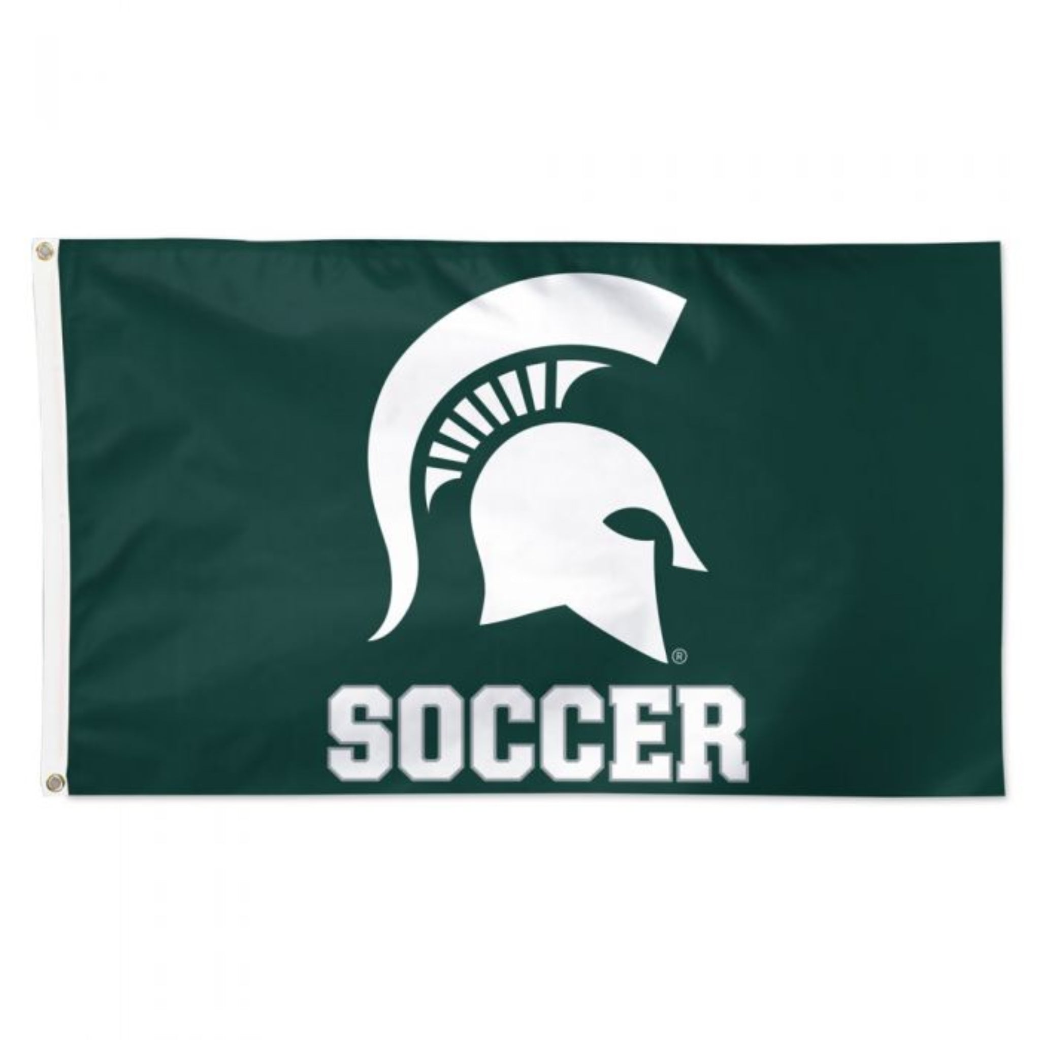 A green flag with a white Spartan helmet and the word "Soccer."