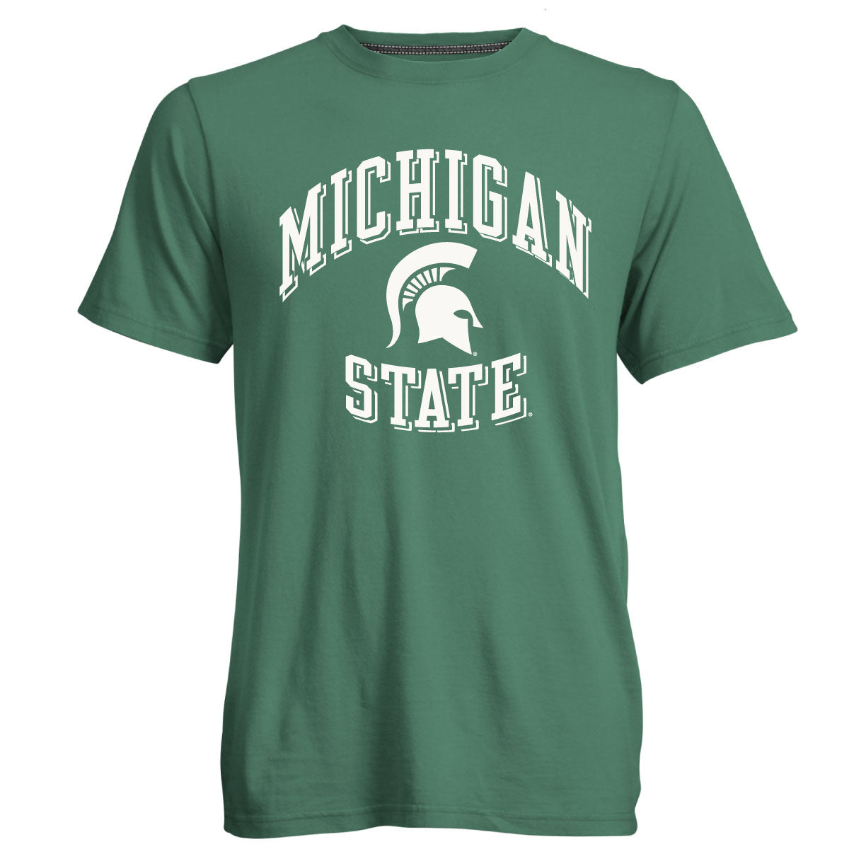 Green T-shirt with stacked arched text that reads "Michigan State" and a white Spartan Helmet logo in the between "Michigan" and "State."