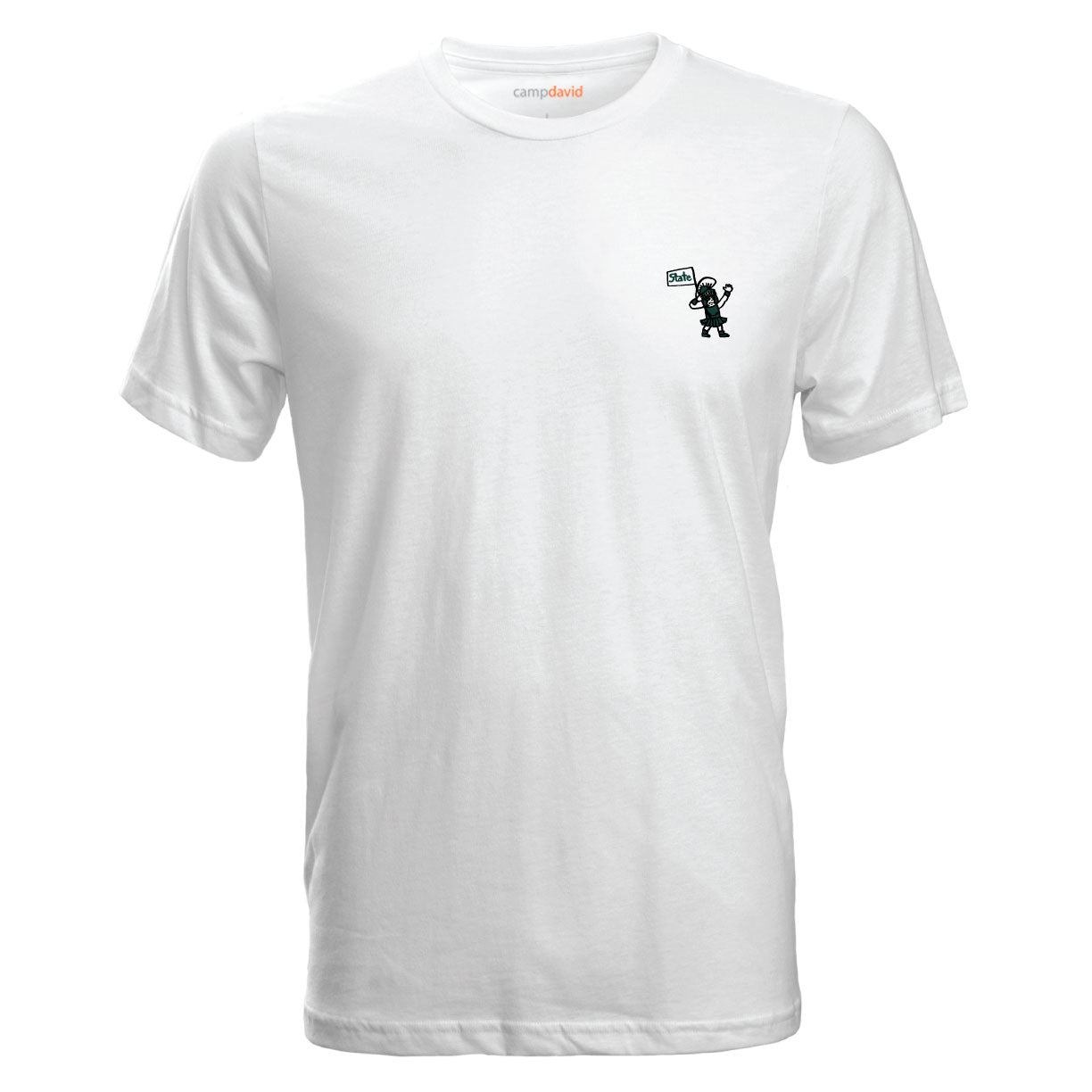 Front of white T-shirt with an illustration of the MSU mascot Sparty holding a flag that reads "State."