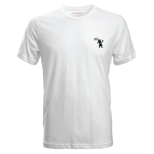 Front of white T-shirt with an illustration of the MSU mascot Sparty holding a flag that reads "State."