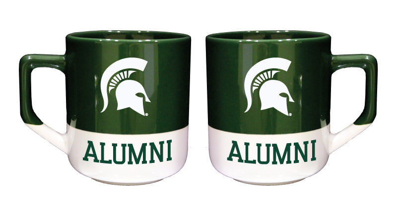 Two green and white mugs with the top section of the mug green and the bottom section white. On the green part of the mug is a white Spartan helmet logo and on the white part of the mug is a green wordmark that states "Alumni" in all caps.