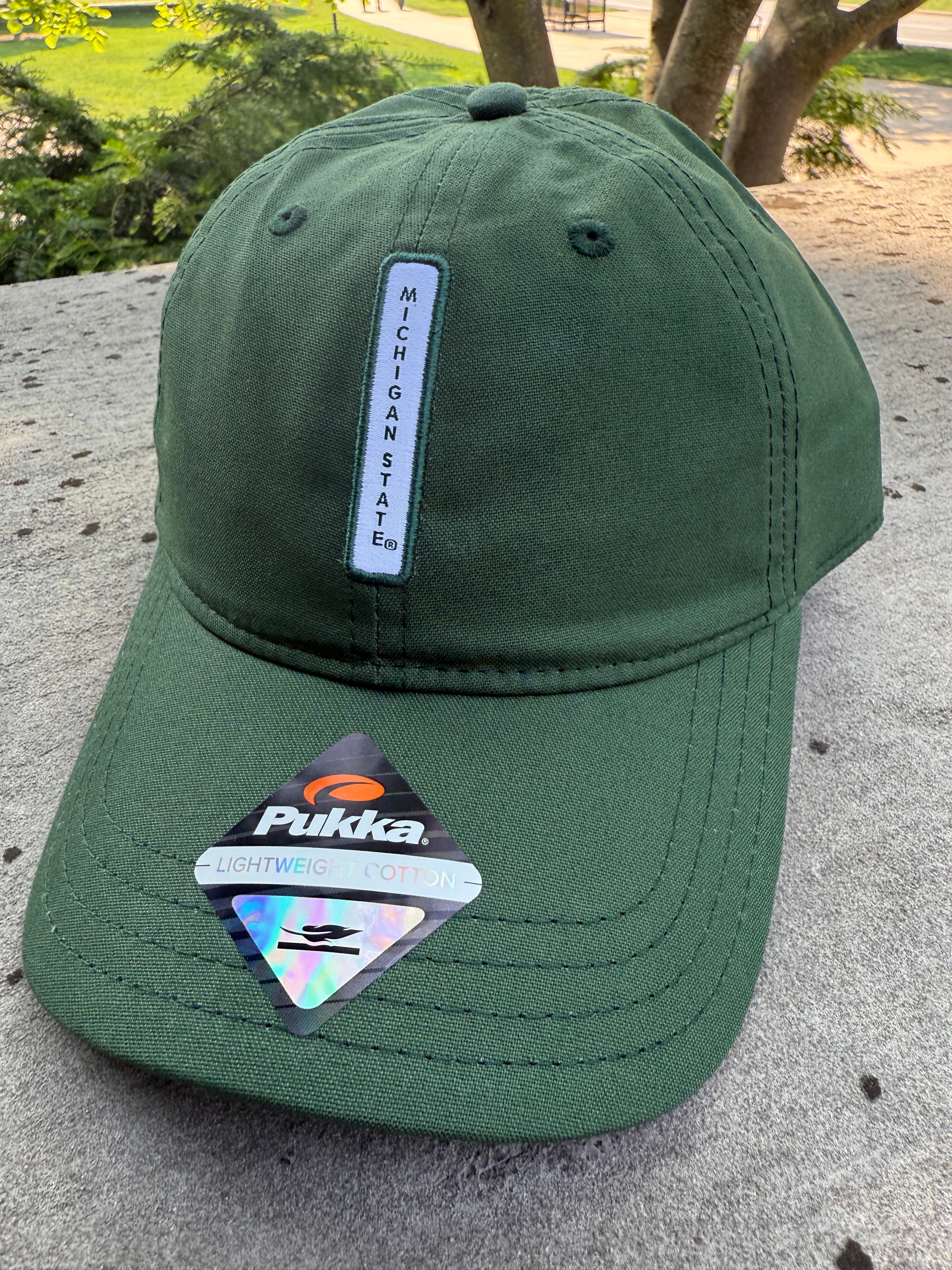 Green cap with a curved bill leaning on a concrete wall outside. White vertical bar in the center that reads Michigan State.