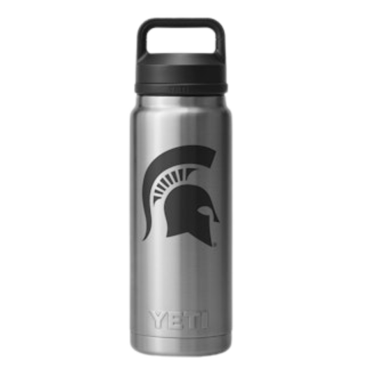 Silver stainless steel water bottle with a black Spartan Helmet logo in the middle and black lid.
