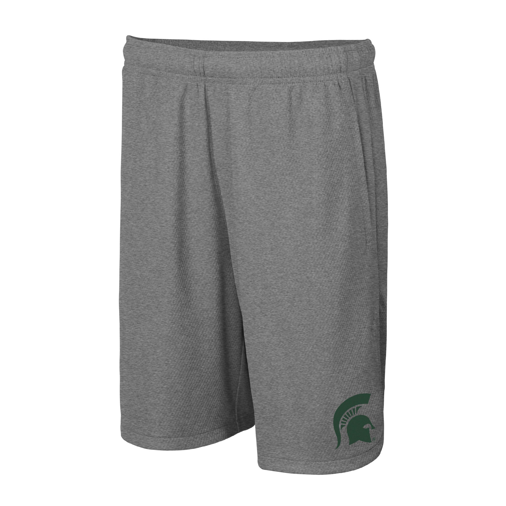 A gray pair of shorts with a green Spartan helmet logo at the left knee.