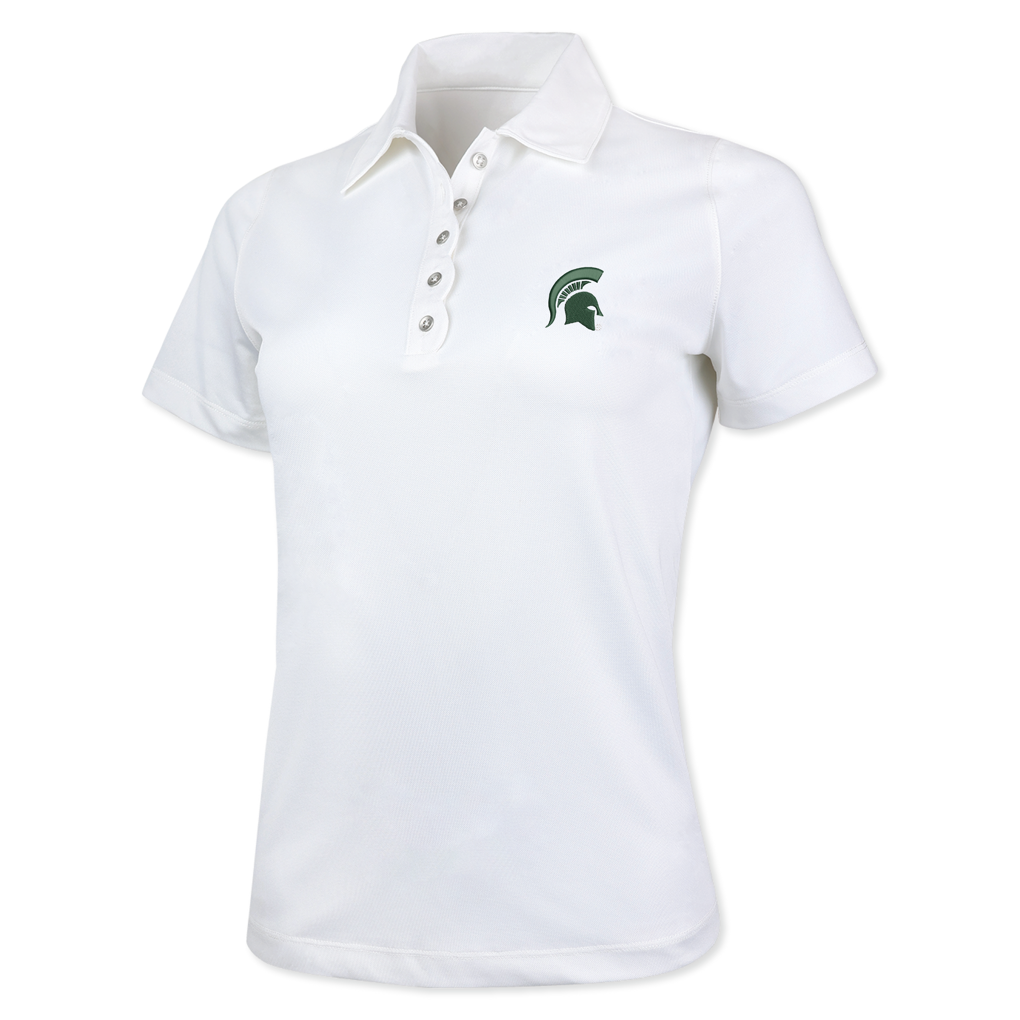White short-sleeved polo shirt with five buttons and a green embroidered Spartan helmet logo on the left chest, representing Michigan State University.