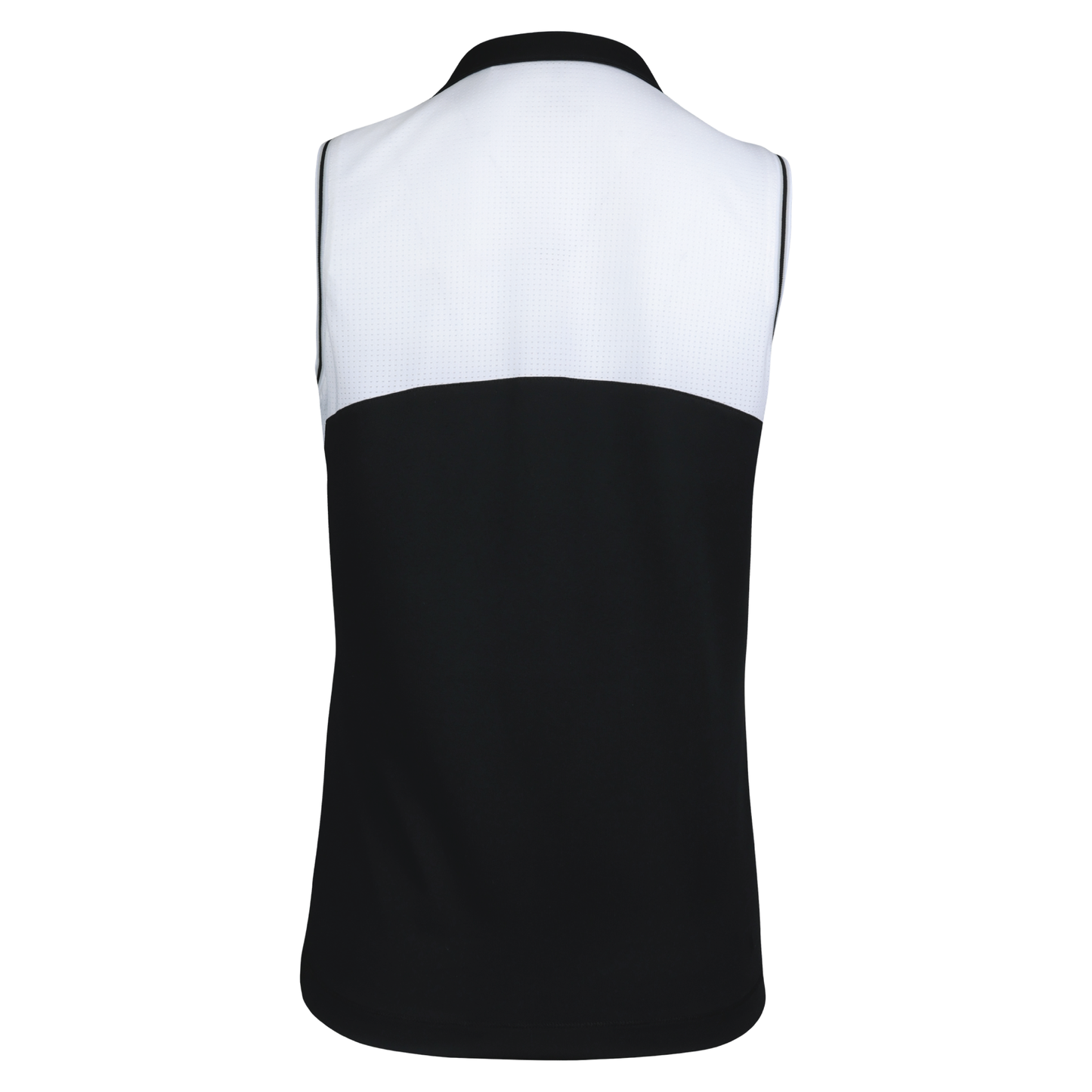 Back of a sleeveless black polo with a white panel of fabric across the top half of the shirt.