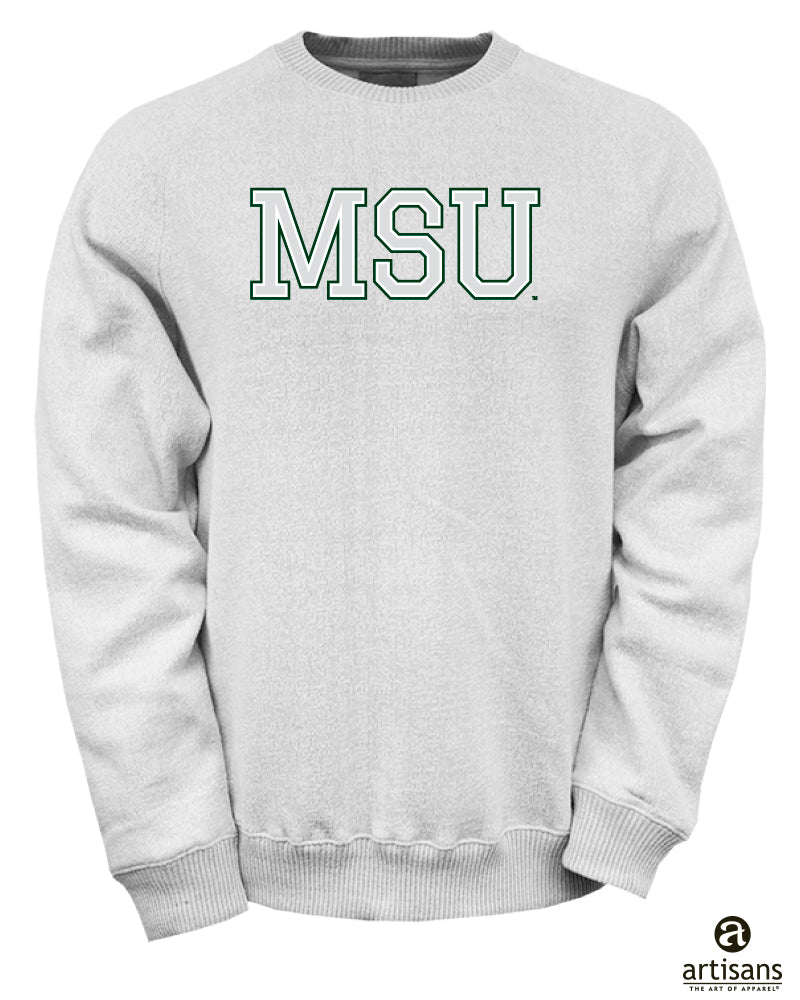 Heathered light grey crew neck sweatshirt. Has 'MSU' embroidered in green across upper chest.