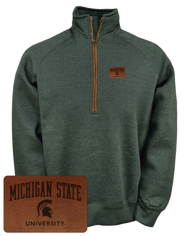 A gray quarter-zip pullover with a brown zipper lining and a leather patch that reads "Michigan State University" with a Spartan helmet logo.
