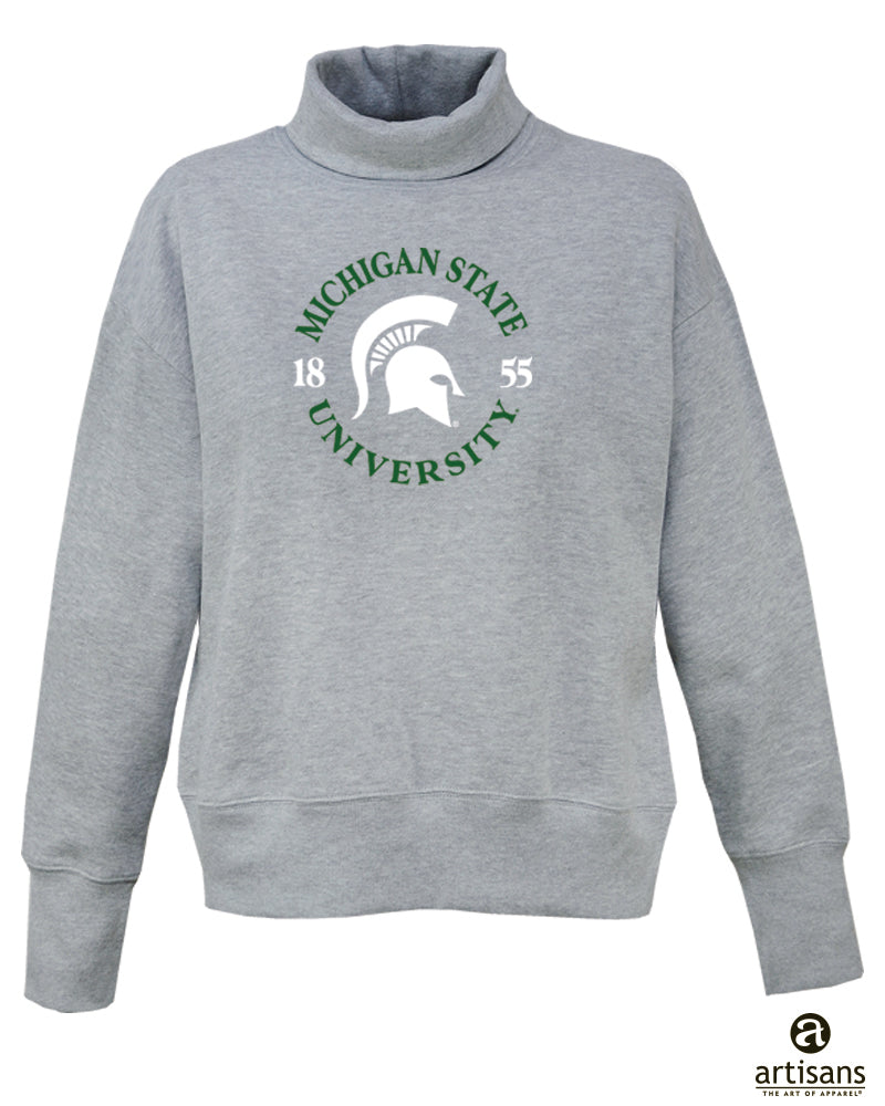 A gray turtleneck sweatshirt with a white Spartan helmet logo encircled by the words "Michigan State University" in green.