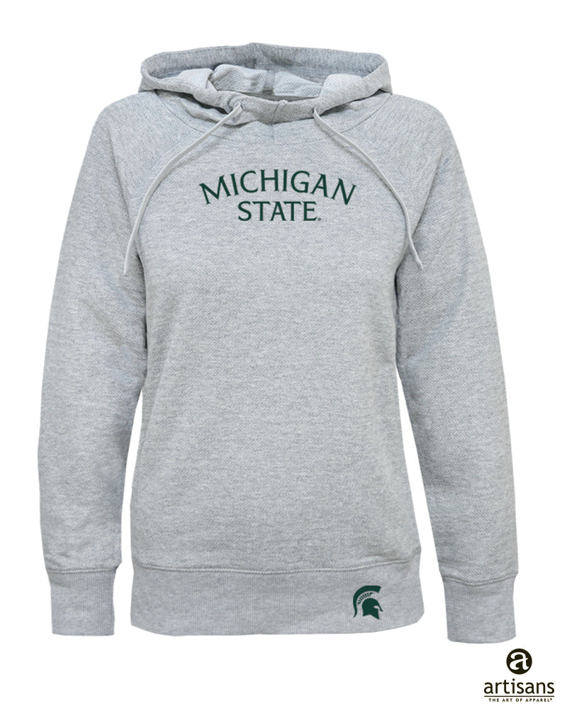 A gray hoodie with the words "Michigan State" on the chest in green.