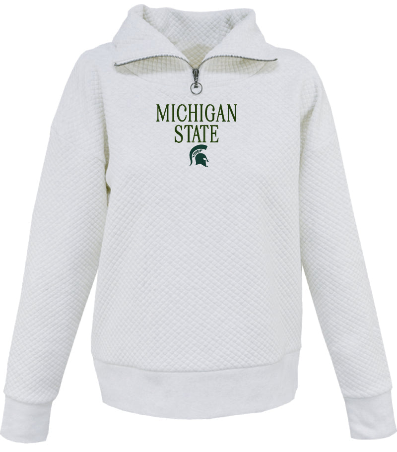 Quilted white quarter-zip with green text that reads "Michigan State" and a green Spartan Helmet logo below.