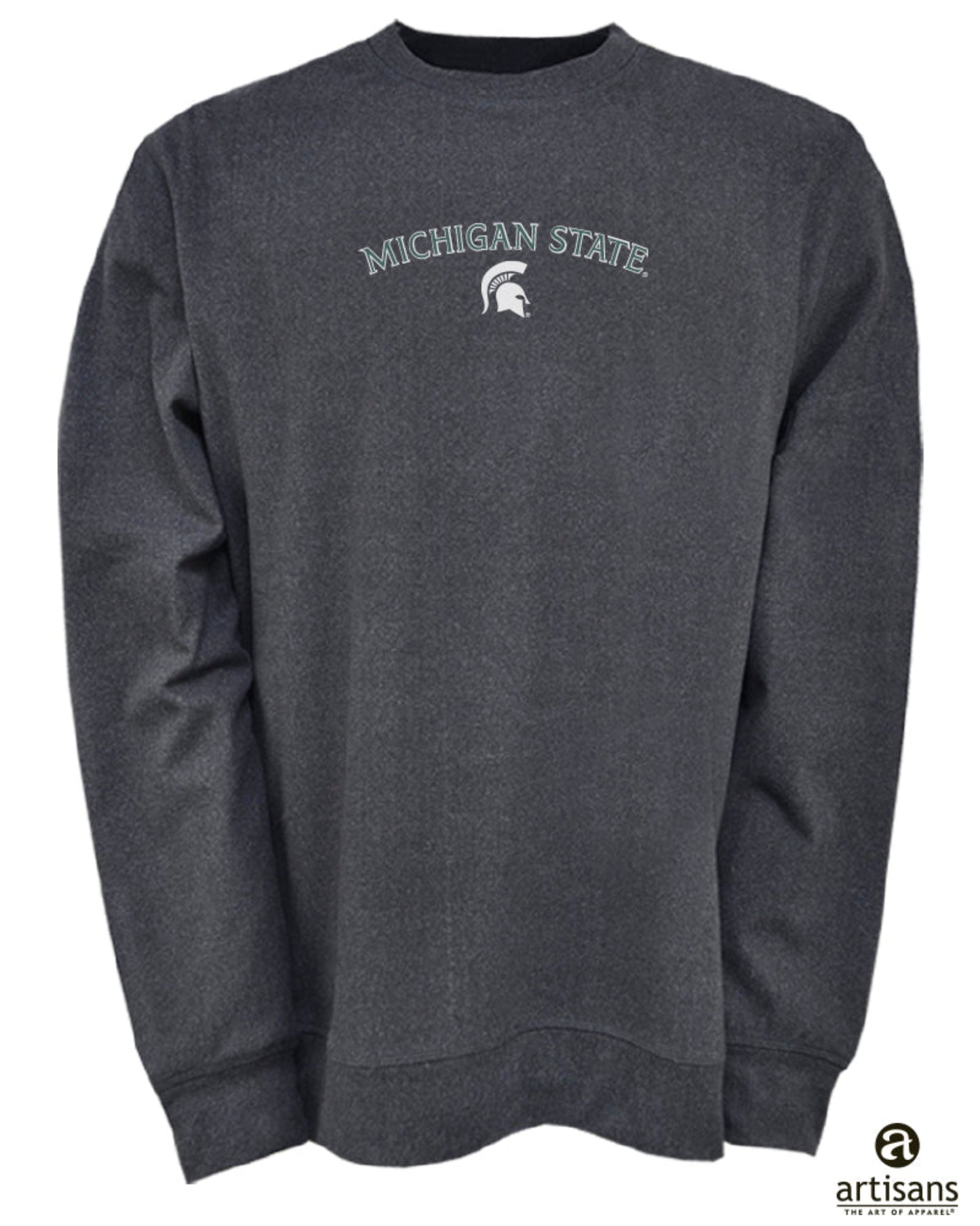 Gray sweatshirt with "Michigan State" text and logo.