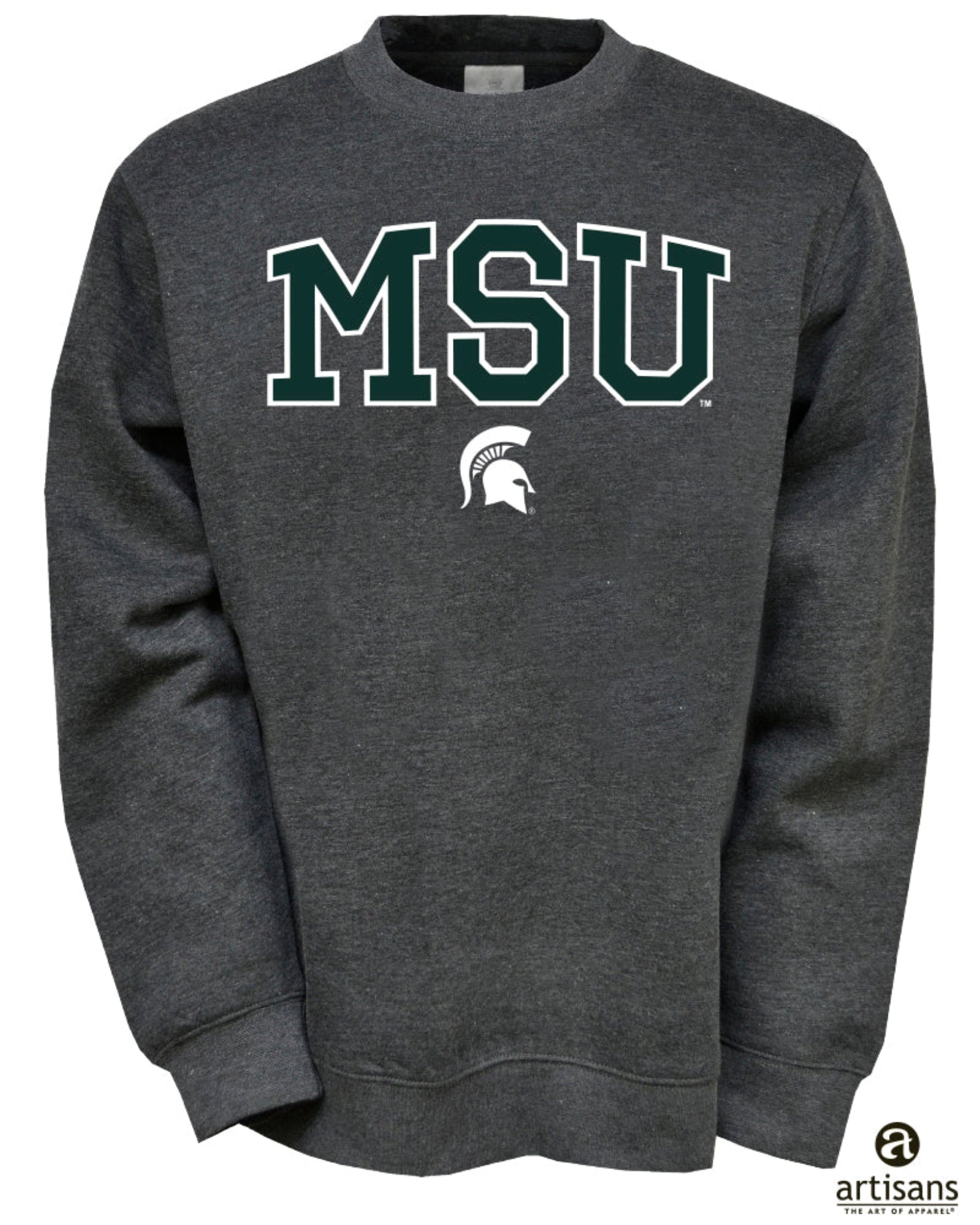 Dark gray sweatshirt featuring large green and white outlined 'MSU' text across the chest, with a white Spartan helmet logo below.