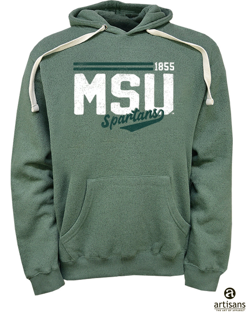 Light green hoodie with white drawstrings, "MSU" and "1855" written in white block text, and "Spartans" written in green below.