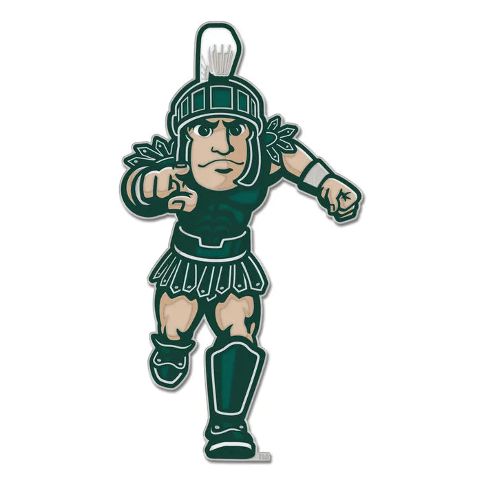 Enamel pin of Sparty running and pointing straight ahead.