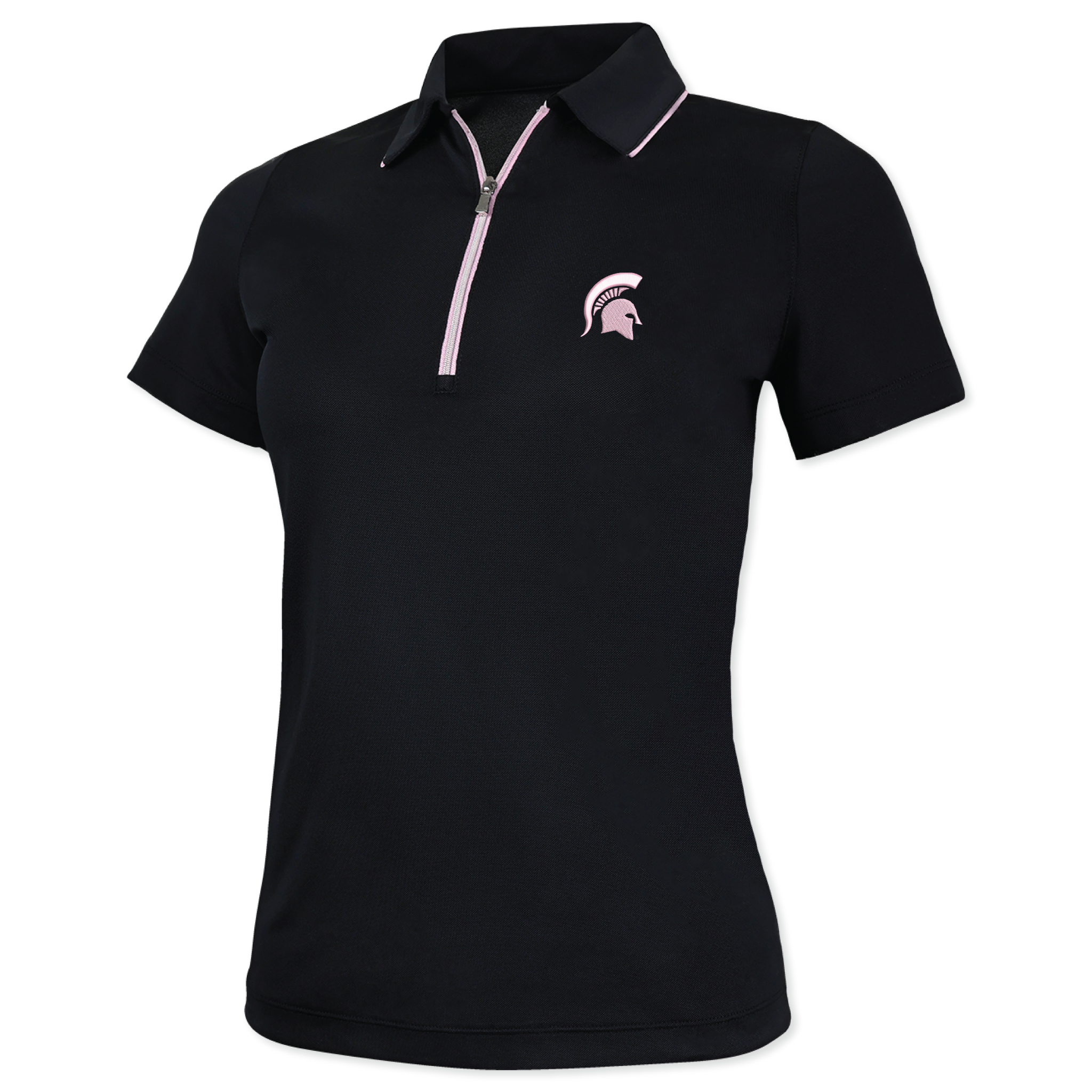 Black short-sleeve polo shirt with a pink-trimmed zipper and pink Spartan helmet emblem on the left chest
