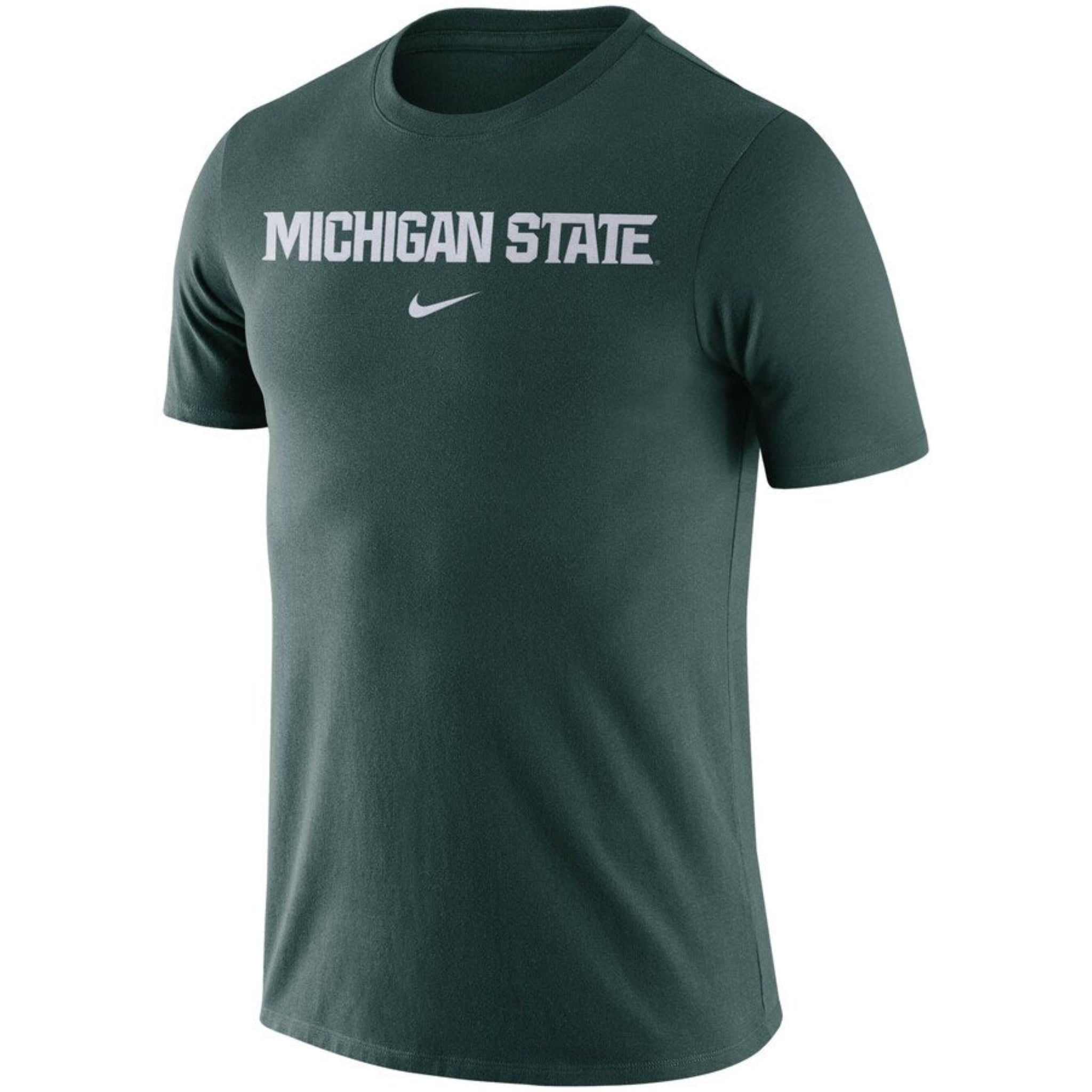 A green short sleeved t-shirt with a white Michigan State wordmark across the chest above a white Nike swoosh.