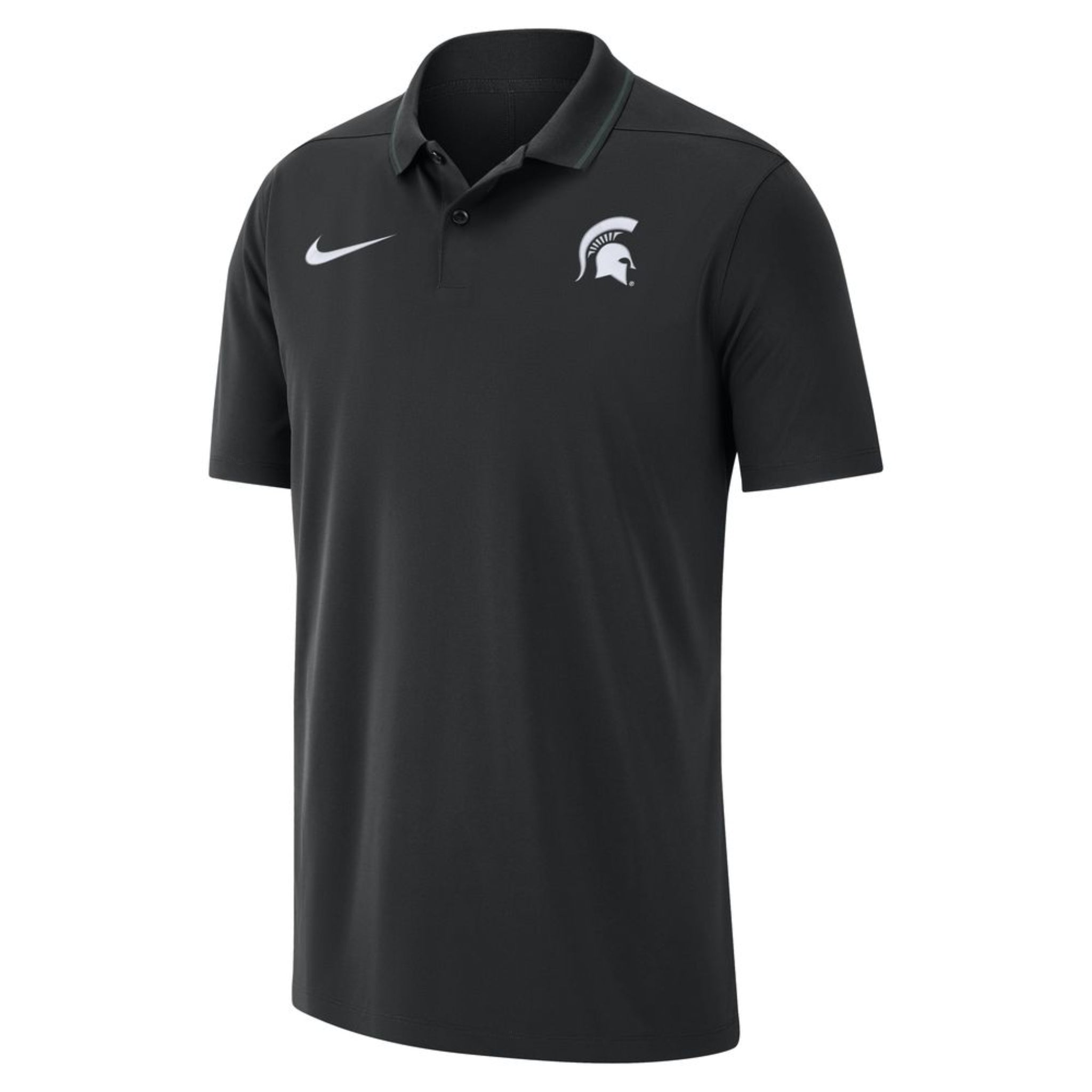 A black polo with a white Spartan helmet logo on the upper left chest and a white Nike swoosh on the upper right.