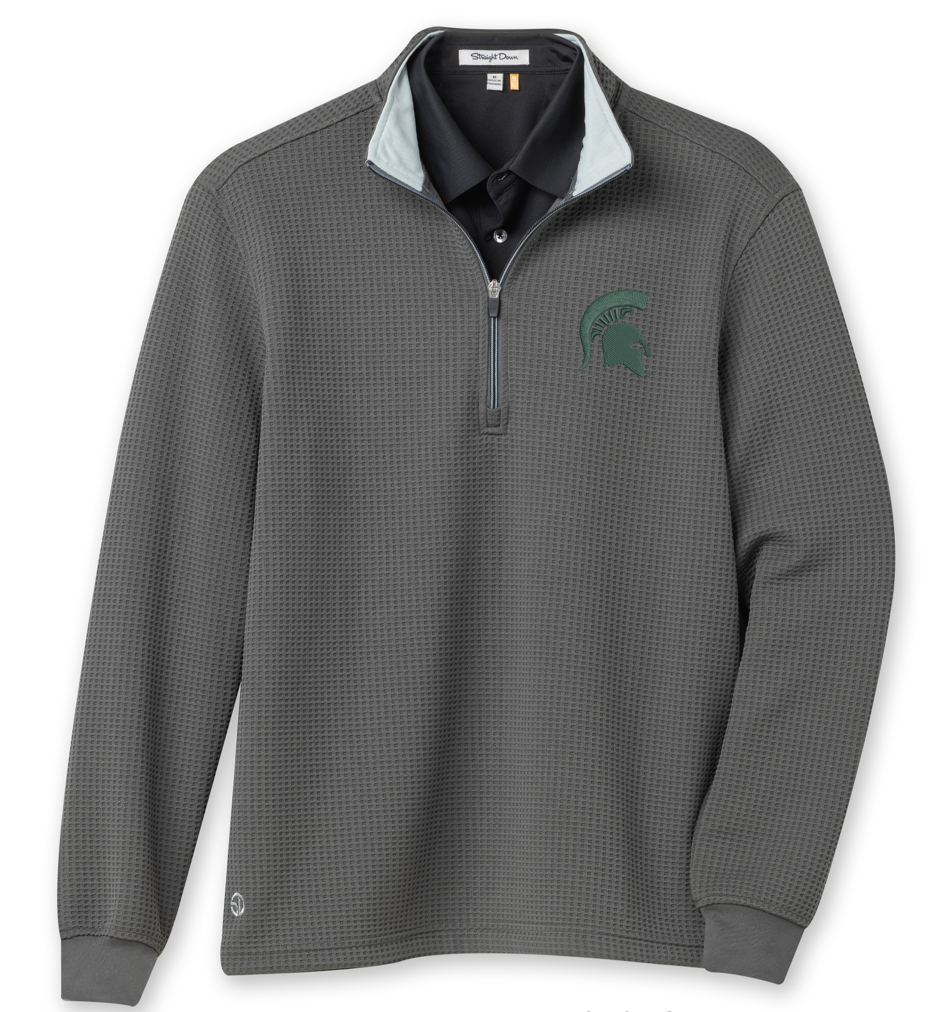 Gray long-sleeve shirt with a  green Spartan helmet logo on a white background