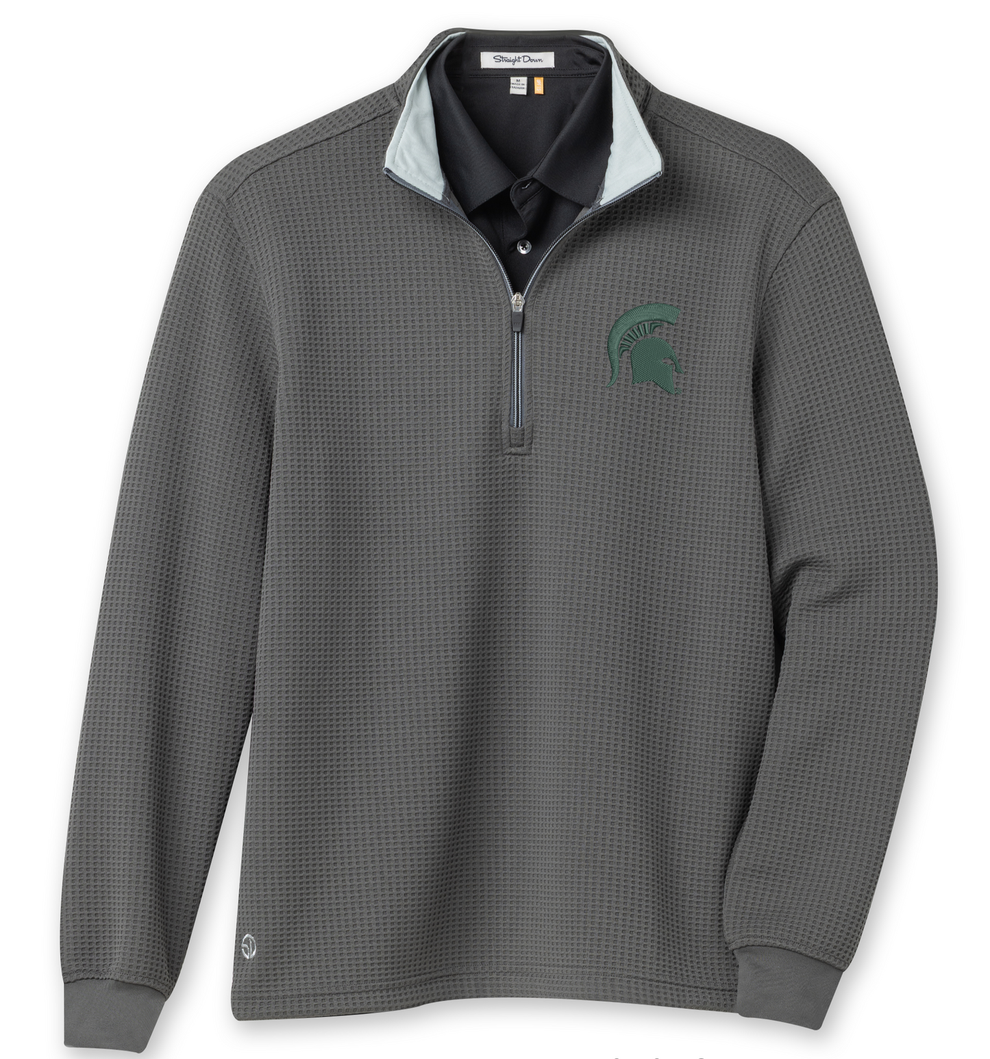 Gray long-sleeve shirt with a green Spartan helmet logo on a white background