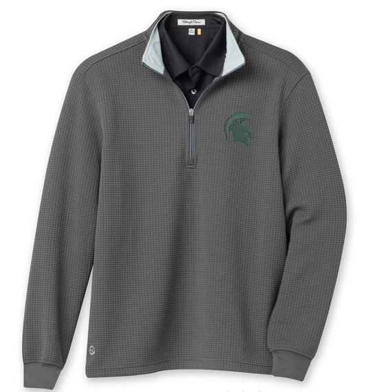 Gray long-sleeve shirt with a green Spartan helmet logo on a white background