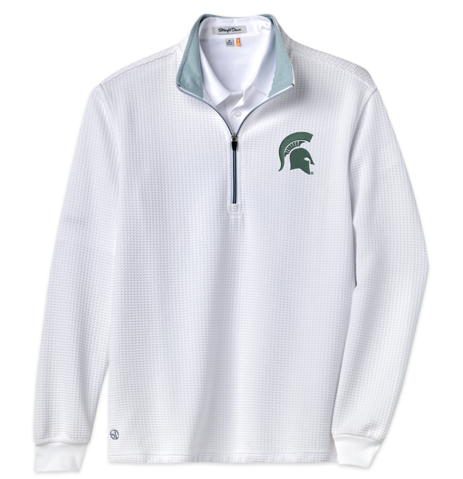 White long-sleeve shirt with a green Spartan helmet logo on a white background