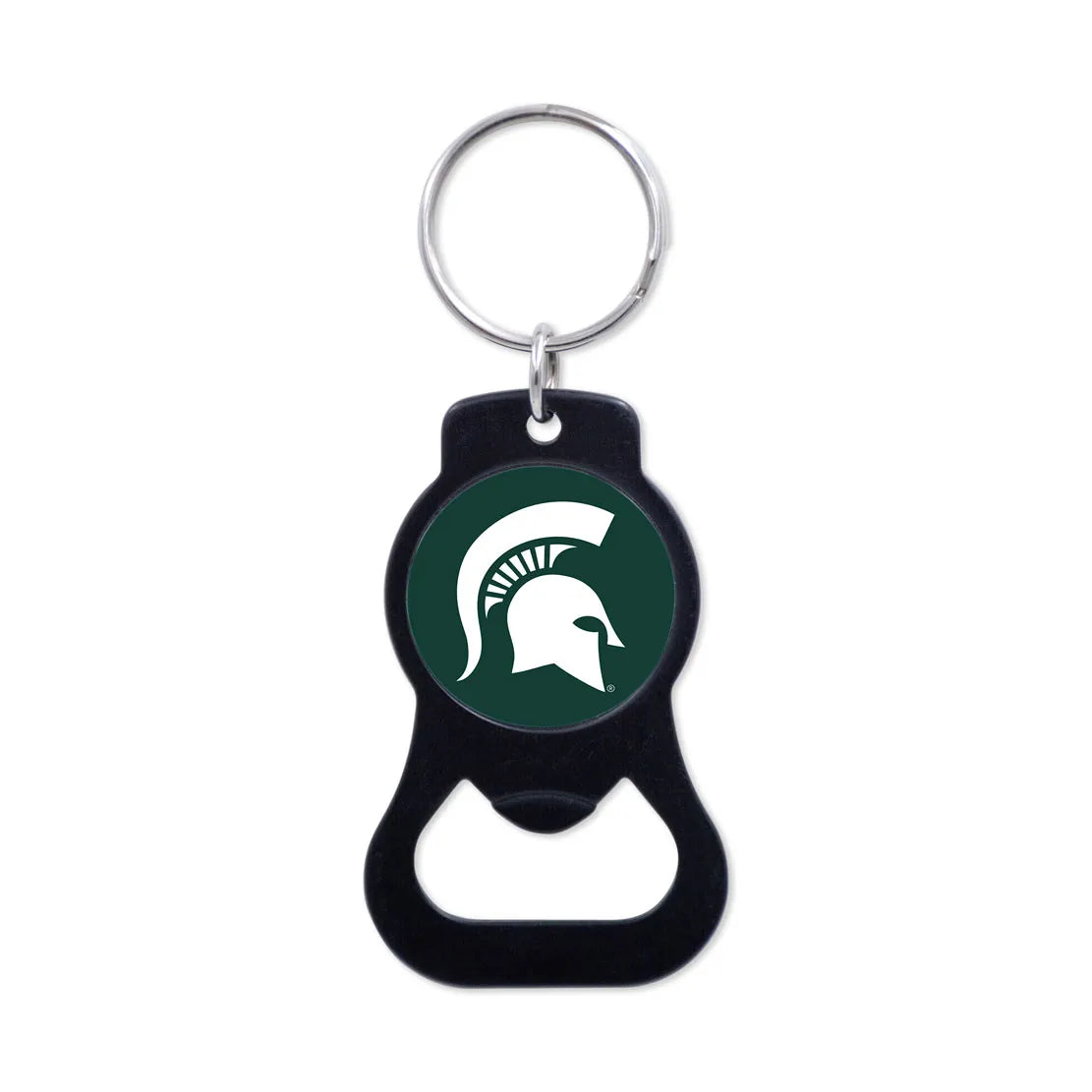 Black bottle opener keychain with Spartan Helmet logo on a white background