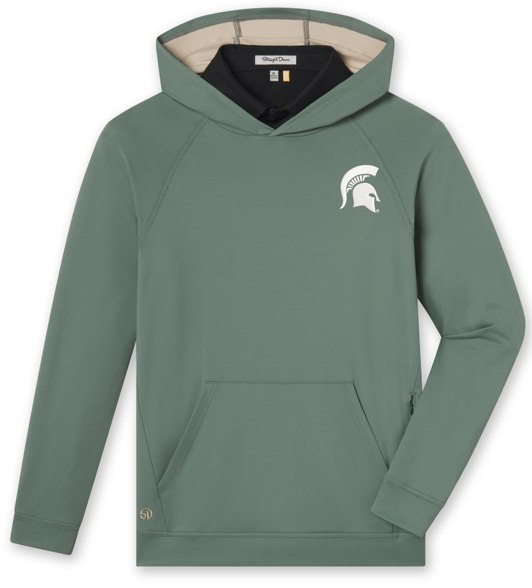 Soft green hoodie with a white embroidered Spartan helmet logo on the left upper chest and kangaroo pocket.
