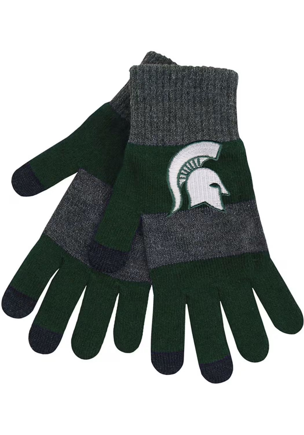 Gray and green wide striped gloves. Centered on back of hand is a white embroidered Spartan helmet logo.