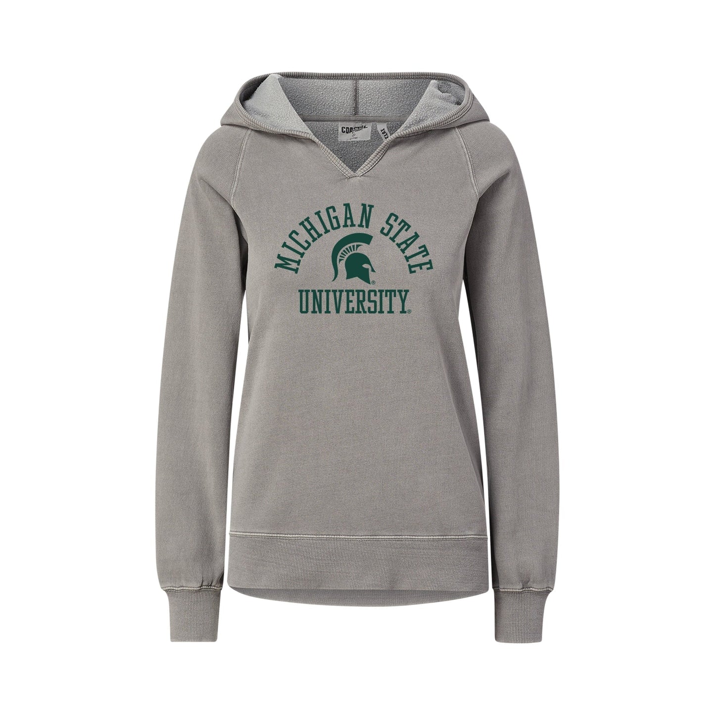 Gray hoodie with green "Michigan State University" and Spartan Helmet logo.