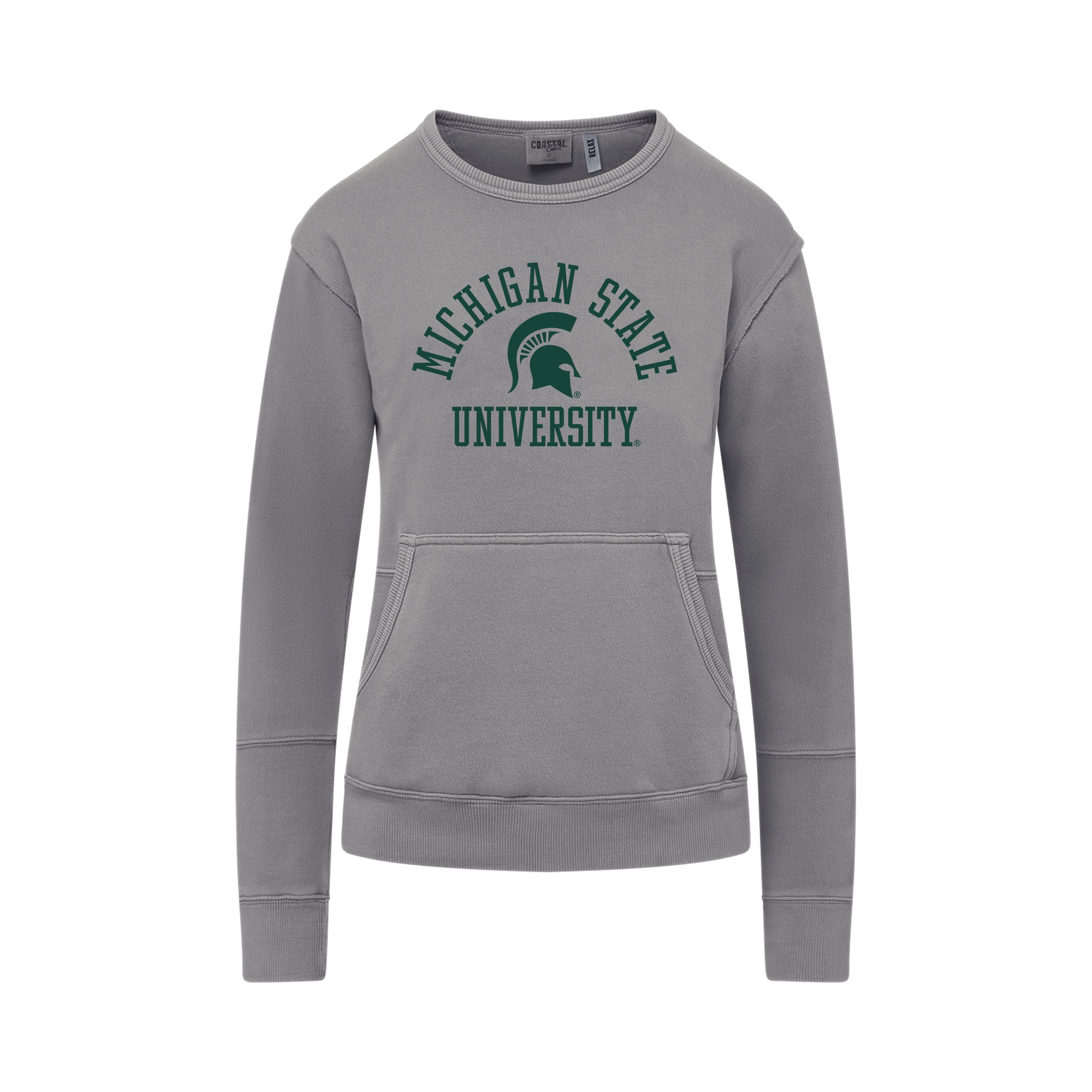 Gray sweatshirt with 'Michigan State University' and Spartan helmet logo.