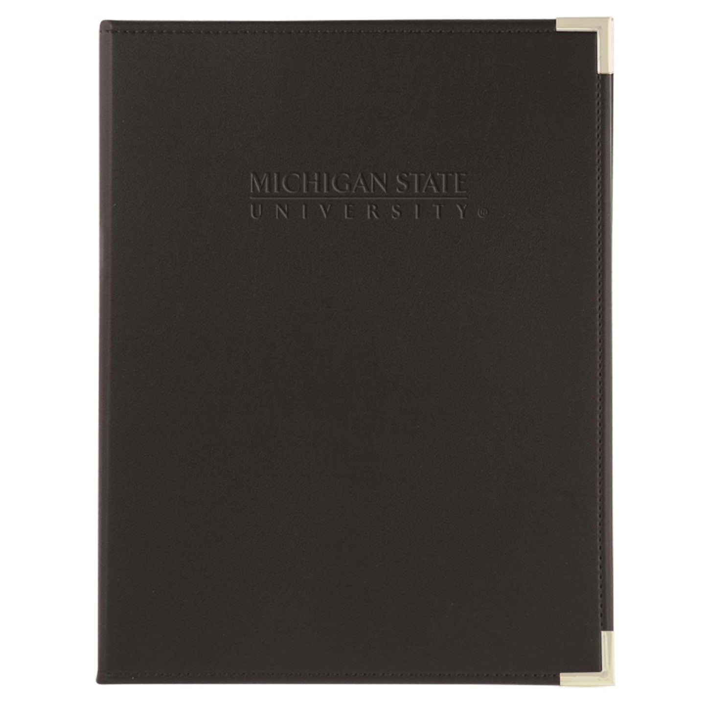 Black leather folder with 'MICHIGAN STATE UNIVERSITY' embossed on the front cover and metallic corner reinforcements