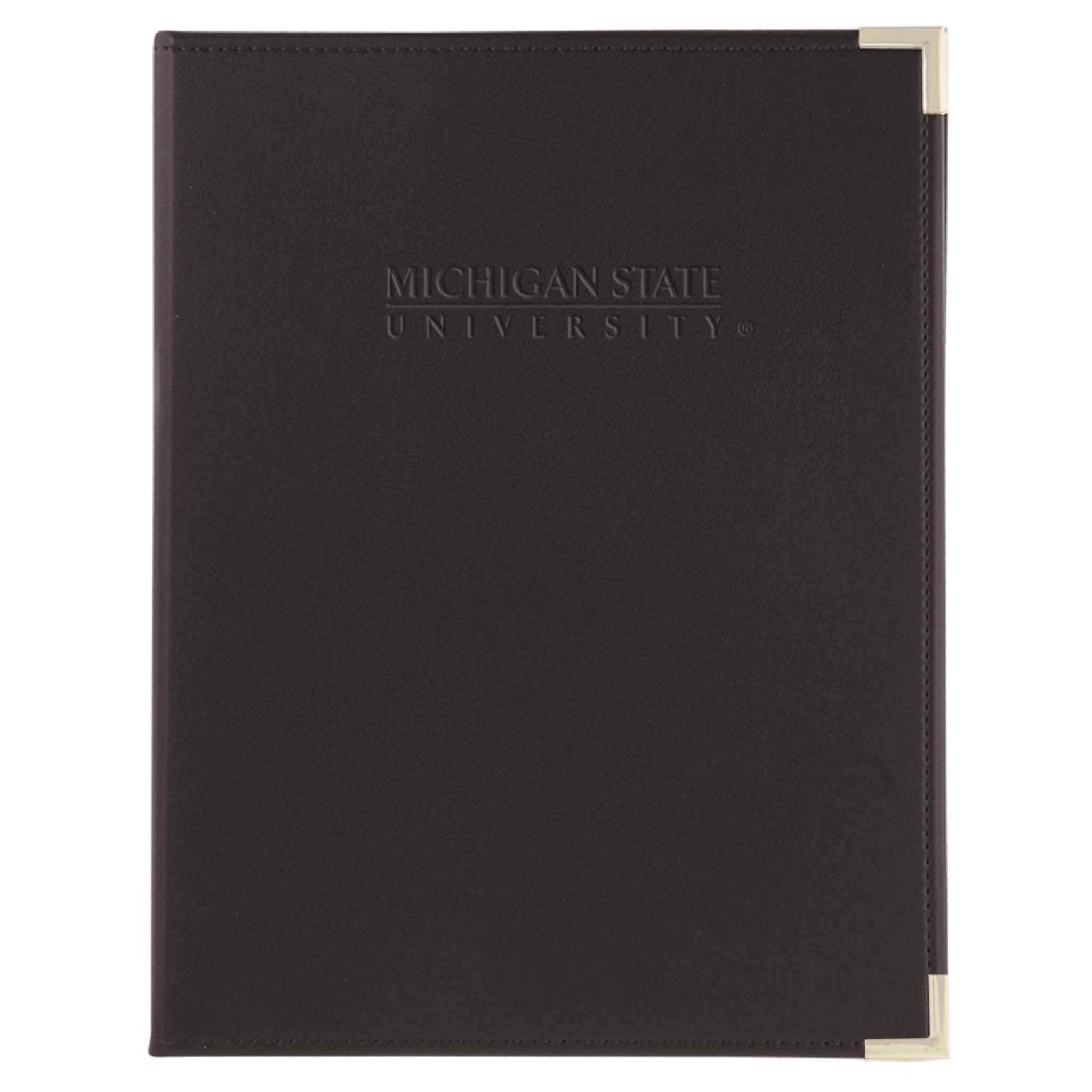 Black leather folder with 'MICHIGAN STATE UNIVERSITY' embossed on the front cover and metallic corner reinforcements