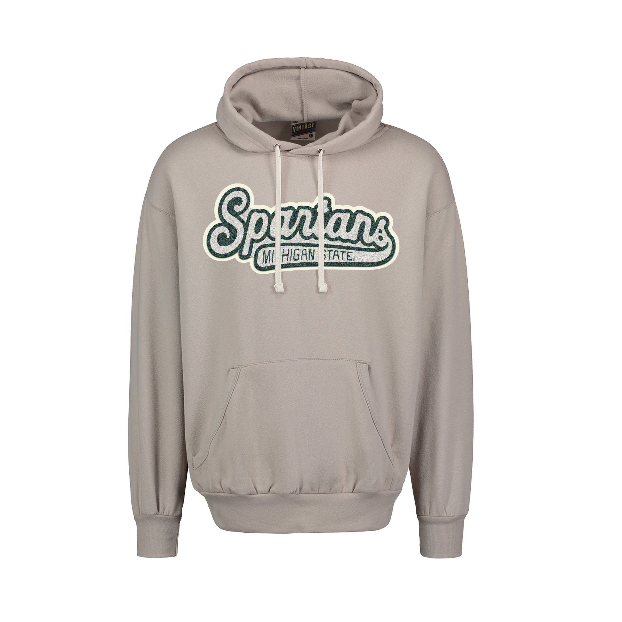Beige hoodie with 'Spartans Michigan State' text on a white background