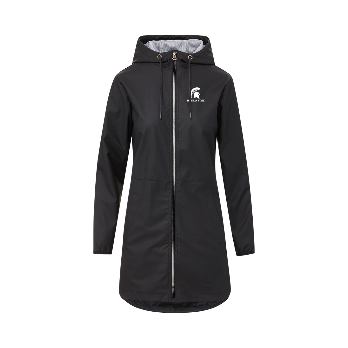 Black hooded raincoat with front zipper, long sleeves, and two front pockets. Features a small white Spartan helmet logo with 'Michigan State' text on the left chest.