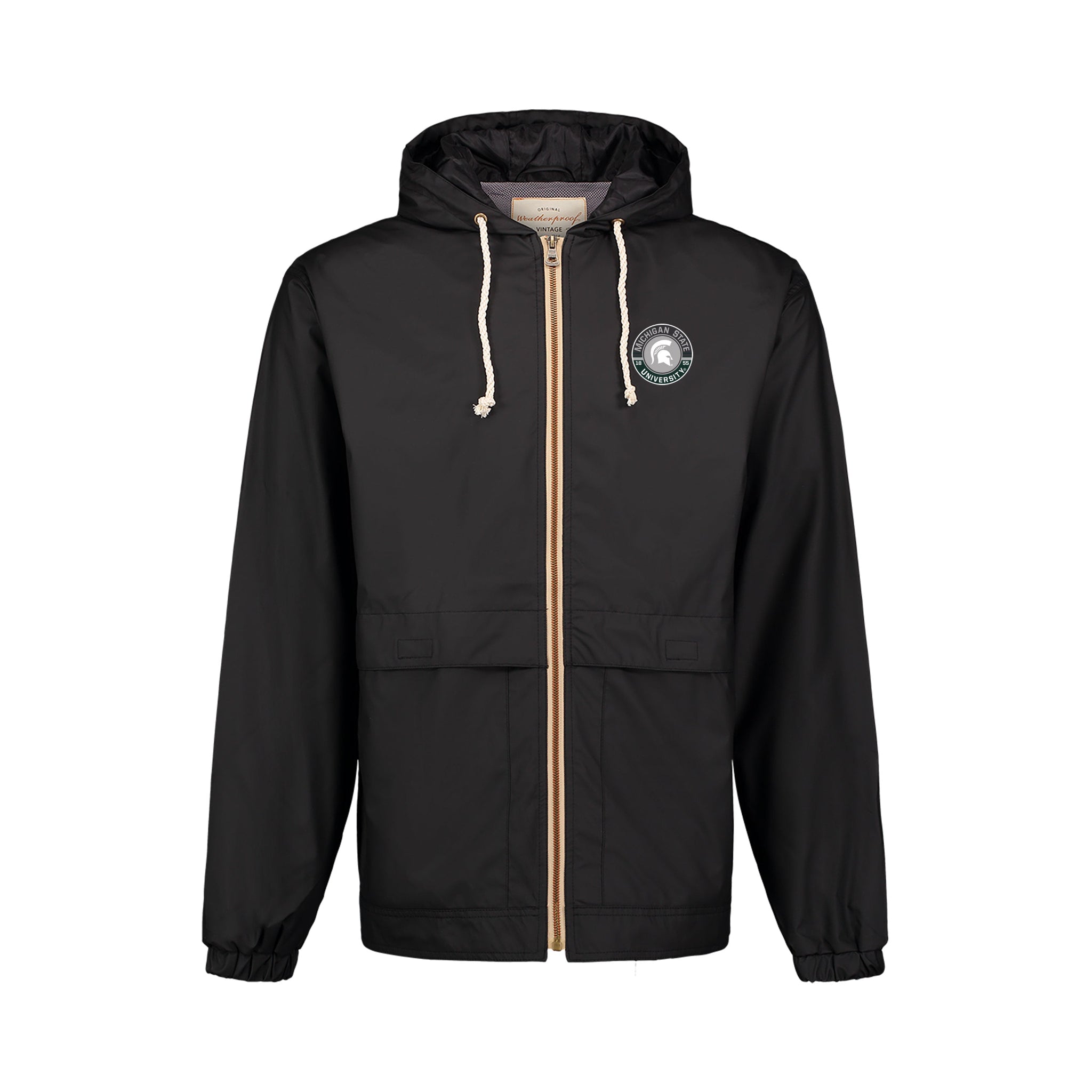 Black hooded jacket with a circle Michigan State over Spartan helmet above University logo with front Velcro closure pockets.
