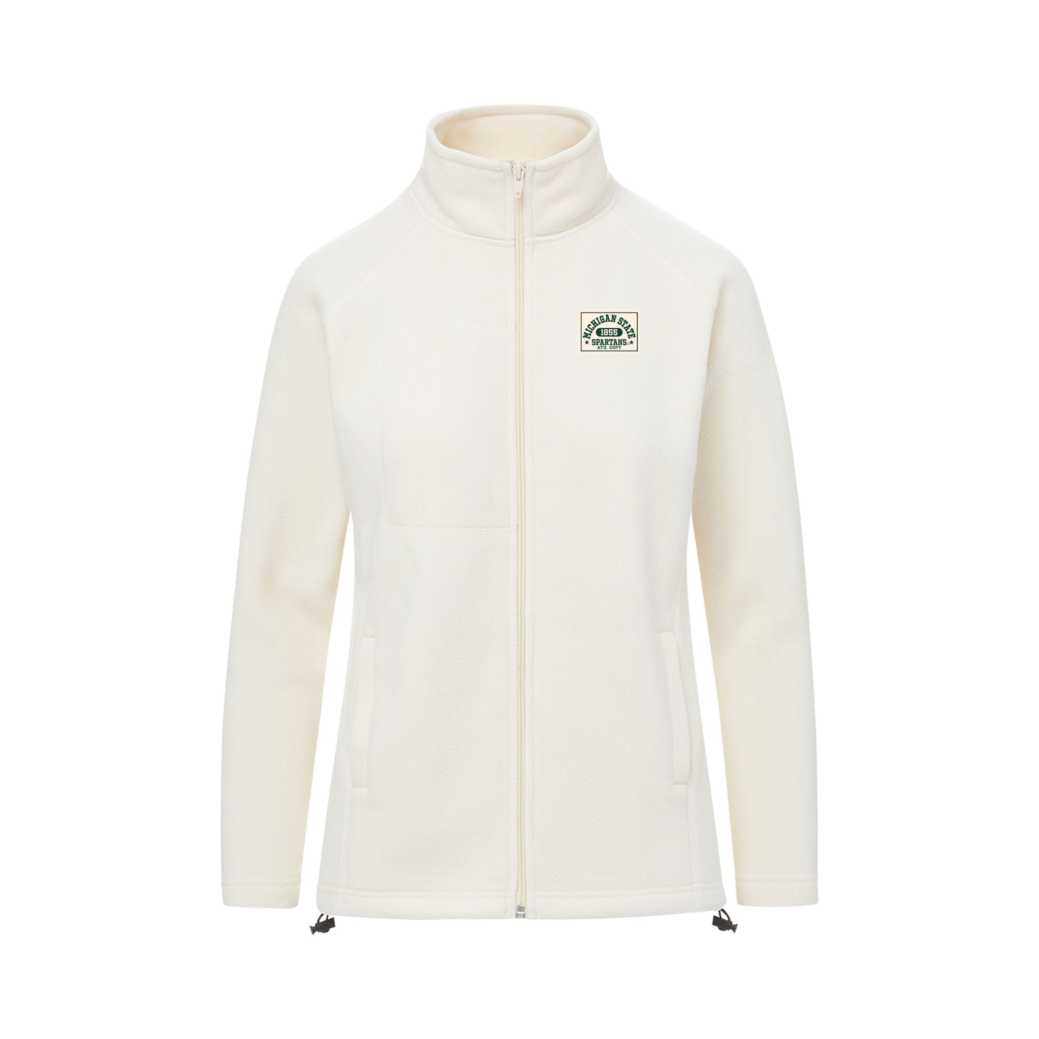 White fleece full-zip jacket with a Michigan State green and white patch on the left upper chest.