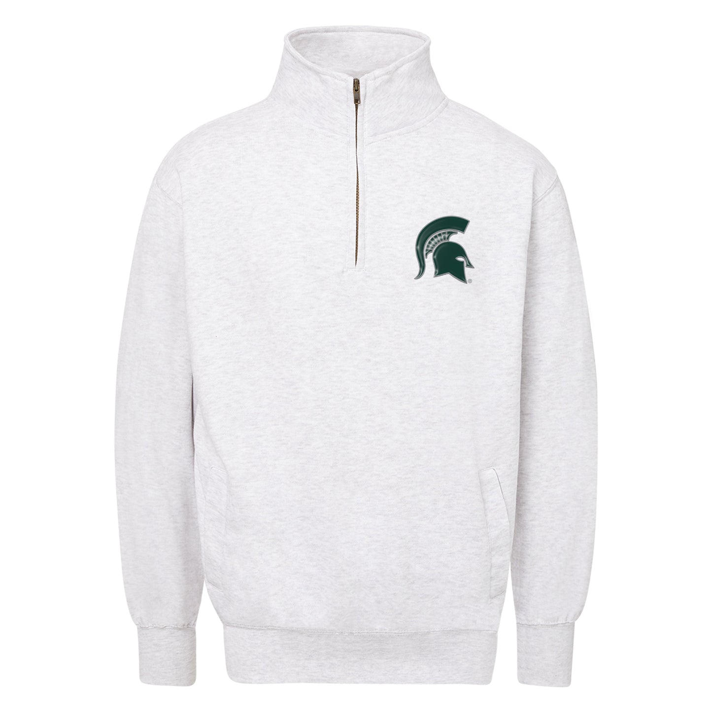 White quarter-zip pullover with a green embroidered spartan helmet on the left chest.