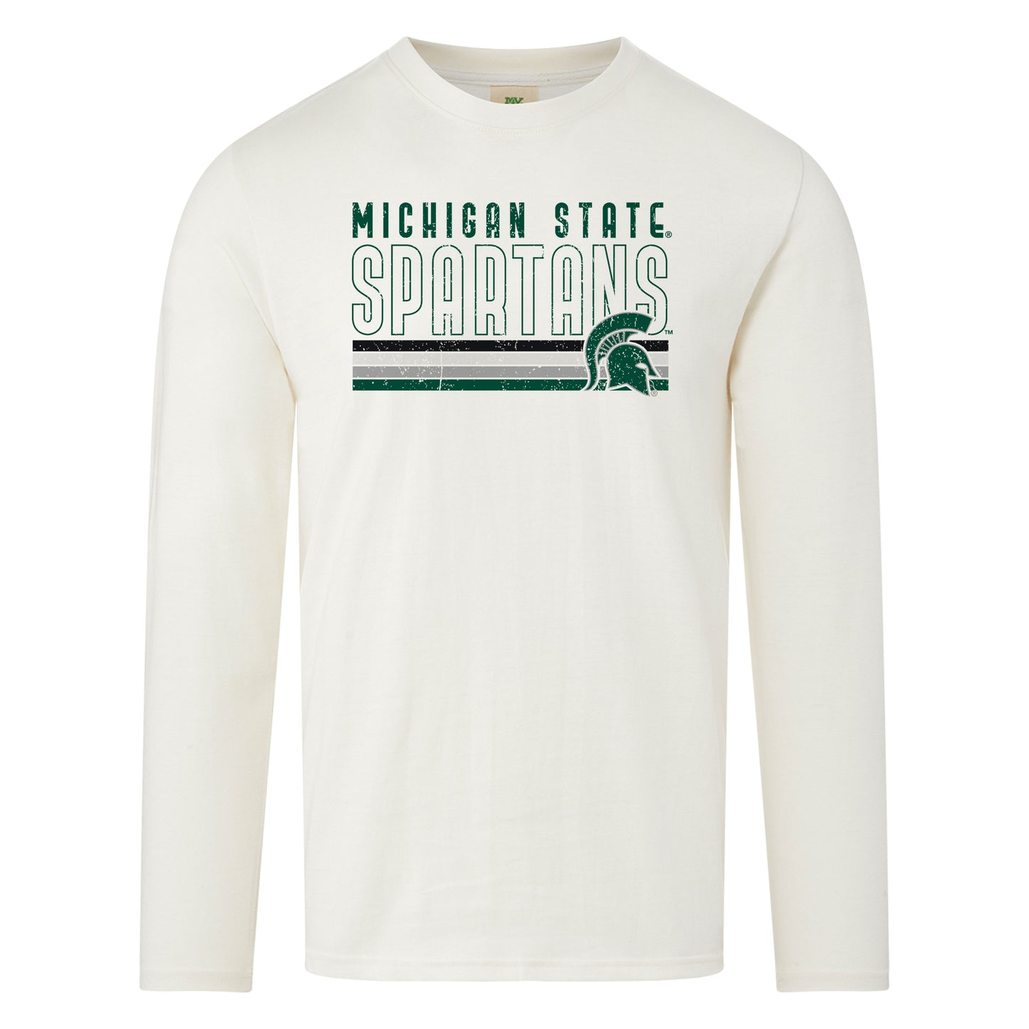 White long sleeve T-shirt with "Michigan State" written in green and "Spartans" outlined in green below it. Below the text is are black, light gray, gray, and green stripes with a green Spartan Helmet logo overlayed on top.