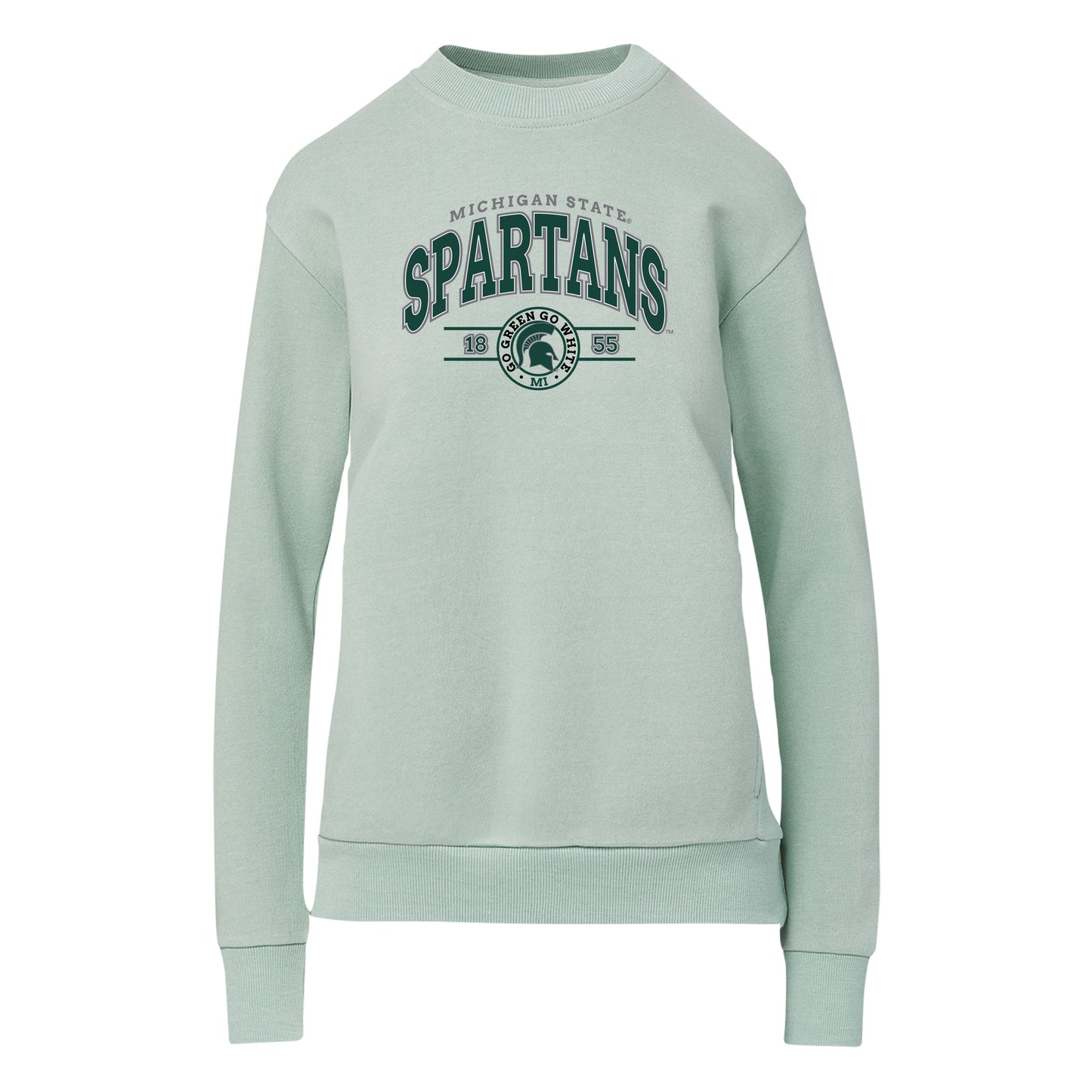 Light blue crewneck pullover with gray arched text that reads "Michigan State," arched text below in green that states "Spartans," and a graphic below that features a green Spartan Helmet logo.