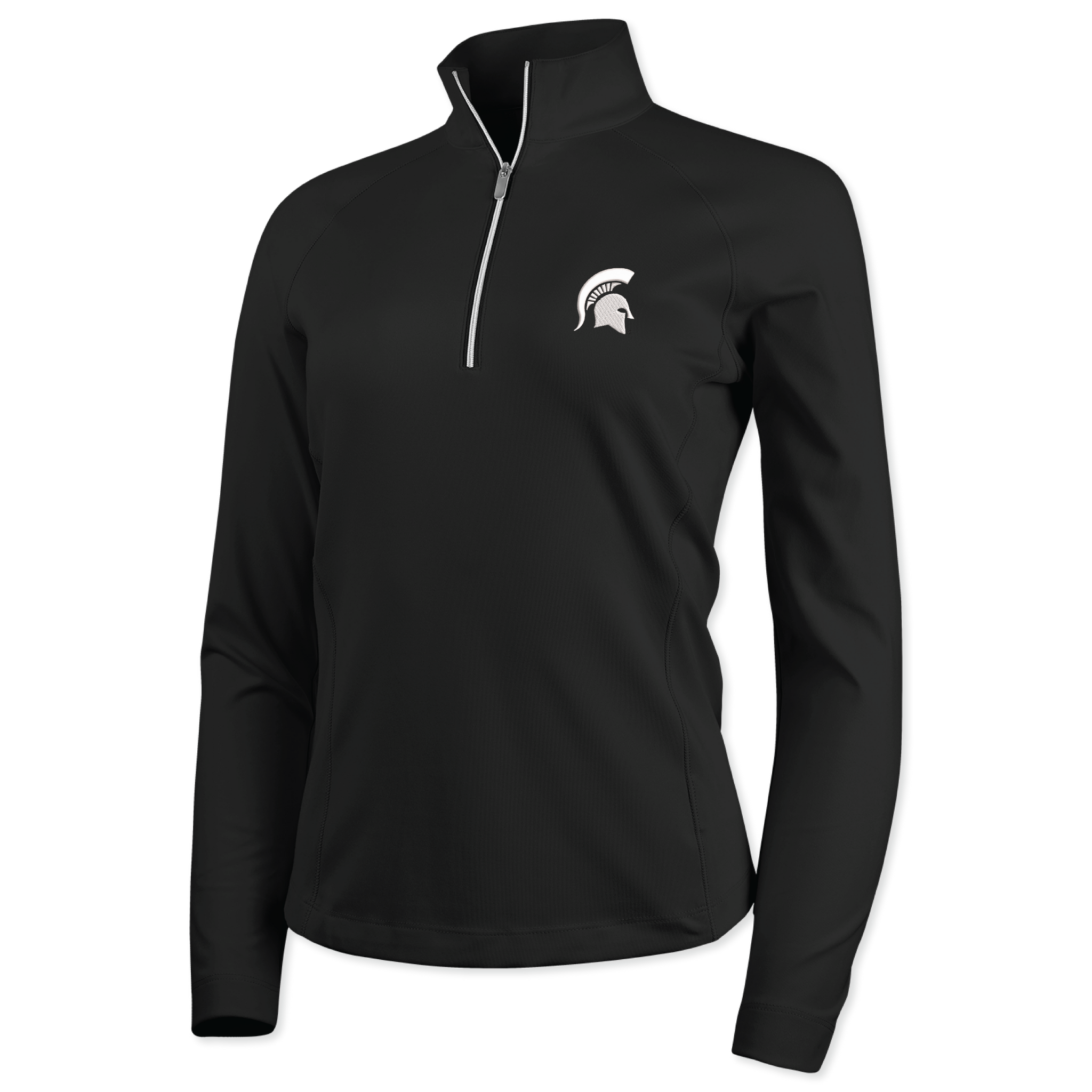 Black long-sleeve quarter-zip pullover with a small white Spartan helmet logo on the left chest.