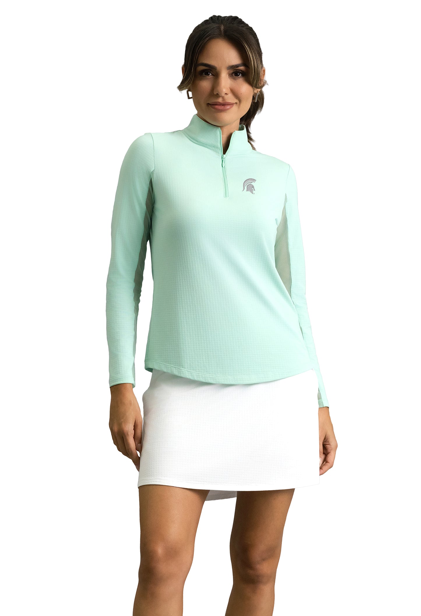 Woman wearing a light mint green fitted quarter-zip with a gray Spartan Helmet logo on the upper left chest and gray panels on the inside of the sleeves.
