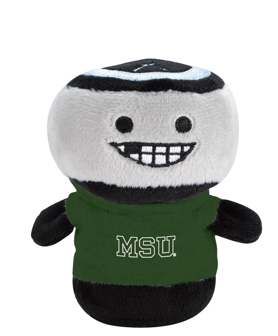 Stuffed gray and black mini hockey puck with a face and body. It is wearing a green T-shirt with a white MSU wordmark printed on the front.