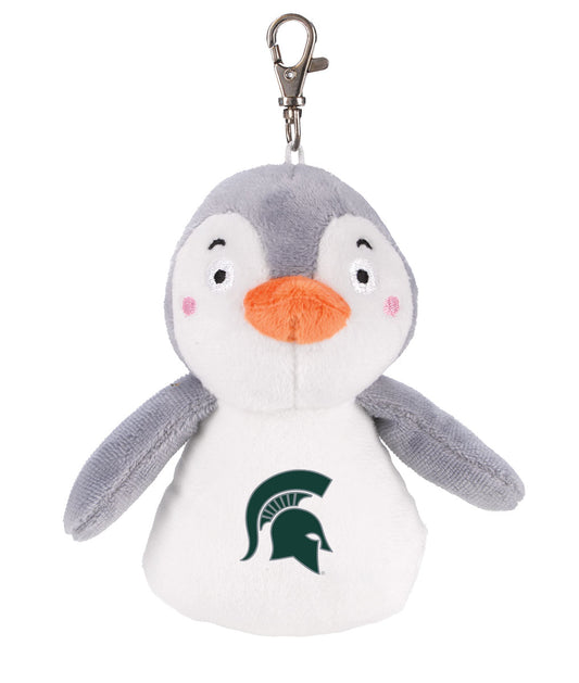 Mini gray and white penguin stuffed animal keychain with a green Spartan Helmet logo on the stomach.