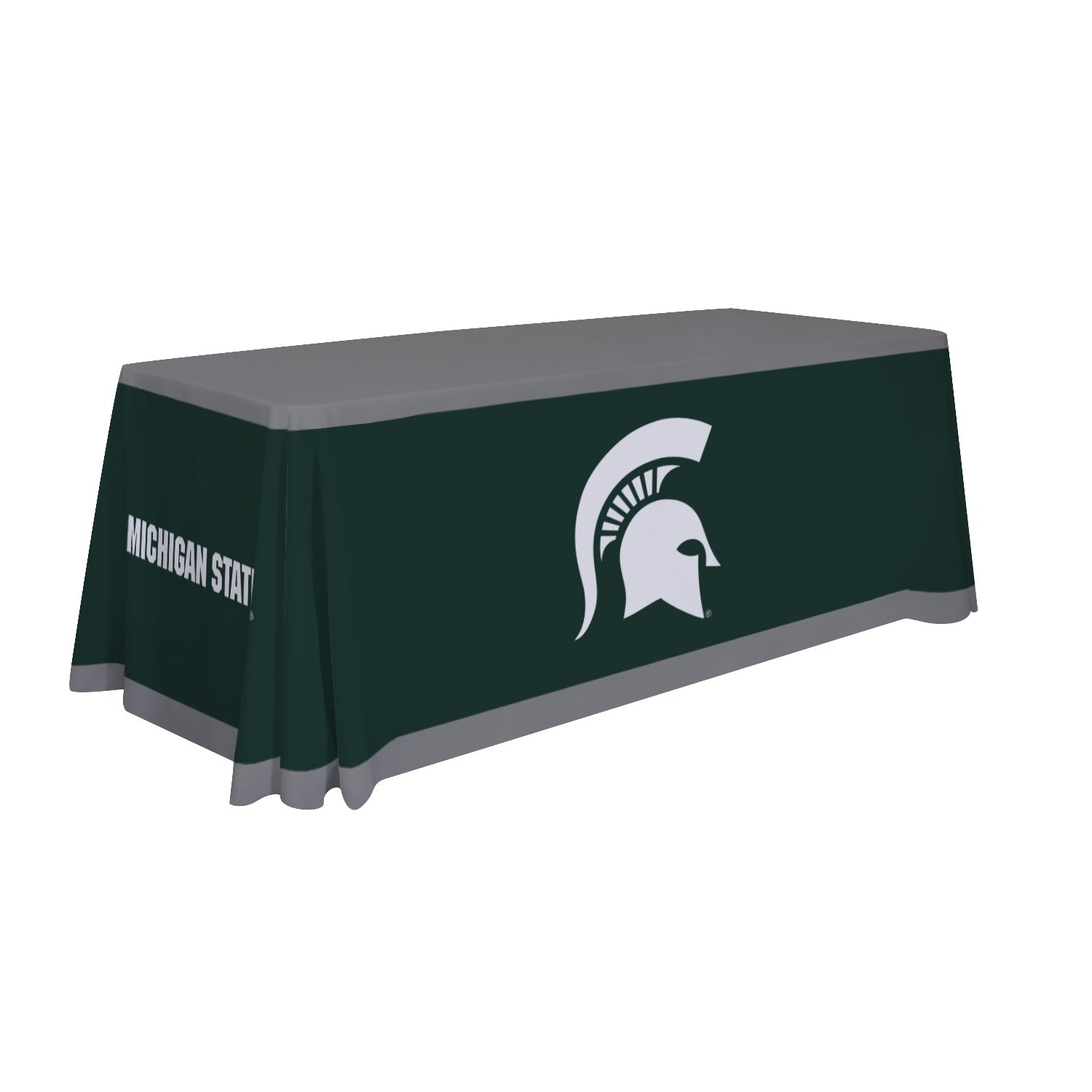 A 6' table with a green cover that features a white Spartan helmet design and a gray top.